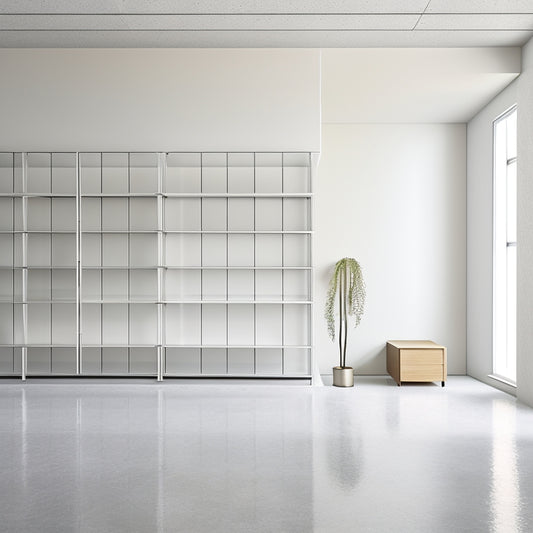 A modern, minimalist room with cream-colored walls and polished concrete floors, featuring a sleek, modular stacked storage system in metallic silver and frosted glass, with varying cube sizes and depths.