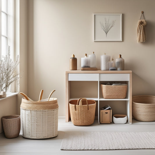 A serene, minimalist room with a few, stylishly arranged storage bins and baskets in neutral tones, amidst a few, carefully placed, modern decorative pieces, on a light-wood floor.