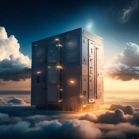 An illustration of a large, glowing key unlocking a massive, futuristic storage unit filled with 1s and 0s, surrounded by orbiting satellites and cloud formations, with subtle AWS logos in the background.