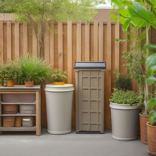 A well-organized outdoor storage area with a row of sturdy, lockable trash containers in neutral colors, surrounded by a tidy concrete apron, a few potted plants, and a subtle wooden fence backdrop.