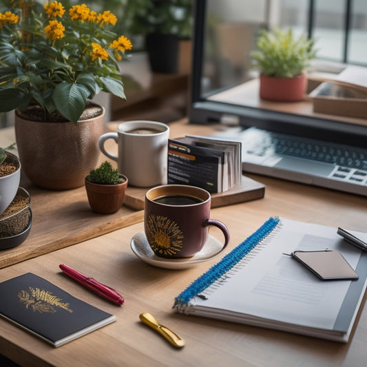 An organized desk with a laptop, a neatly labeled binder, and a few colorful folders, surrounded by calm and peaceful elements like a small potted plant and a cup of coffee.