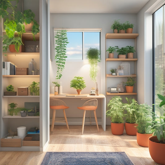 A tidy, minimalist studio apartment with a Murphy bed, a small desk, and a few organized shelves, surrounded by calm, natural light and a few potted plants.