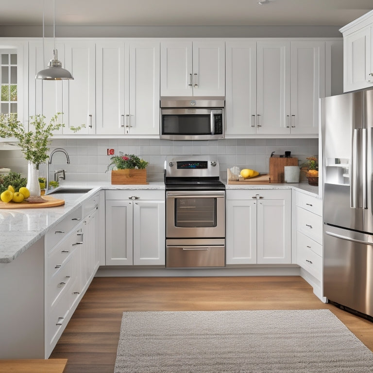 A bright, modern kitchen with sleek white cabinets, stainless steel appliances, and a large island featuring built-in drawers, a utensil organizer, and a pull-out trash can.