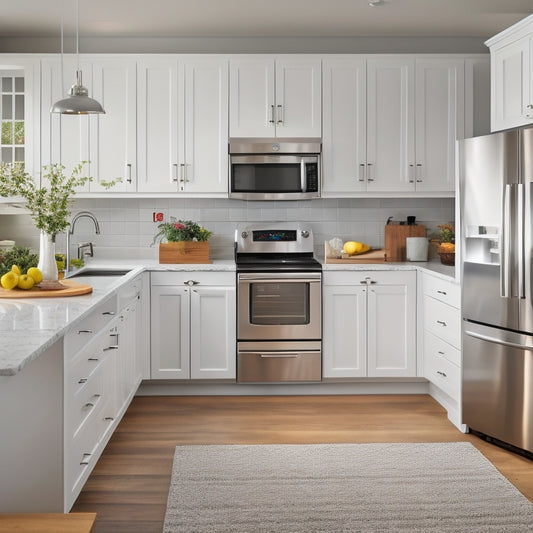 A bright, modern kitchen with sleek white cabinets, stainless steel appliances, and a large island featuring built-in drawers, a utensil organizer, and a pull-out trash can.