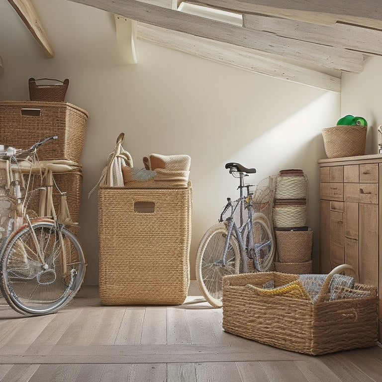 An organized attic with exposed wooden beams, soft natural light, and a mix of woven baskets, wooden crates, and clear storage bins, showcasing a ladder, bike, and seasonal decorations.