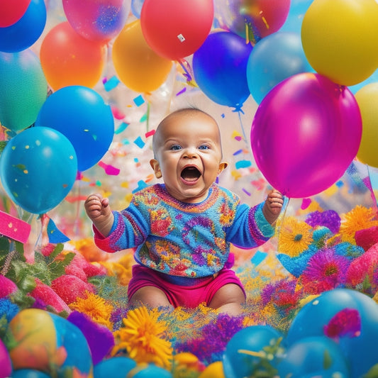 A colorful illustration featuring a baby surrounded by vibrant flowers, playing with bingo cards and markers, amidst confetti and balloons, conveying a sense of joy and celebration.
