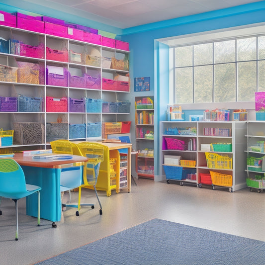 A colorful, well-organized classroom with floor-to-ceiling shelves, labeled baskets, and a rotating bookcase, showcasing a teacher's desk with a built-in storage unit and a small, wheeled cabinet.