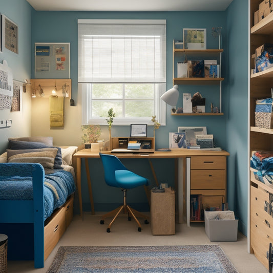 A tidy college dorm room with a lofted bed, storage bins under the bed, a desk with a vertical file organizer, and a pegboard on the wall with hanging accessories.