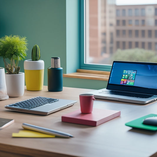 A minimalist desk with a sleek laptop, a stylus, and a wireless charging pad, surrounded by tidy piles of color-coded sticky notes, a small plant, and a subtle cityscape background.