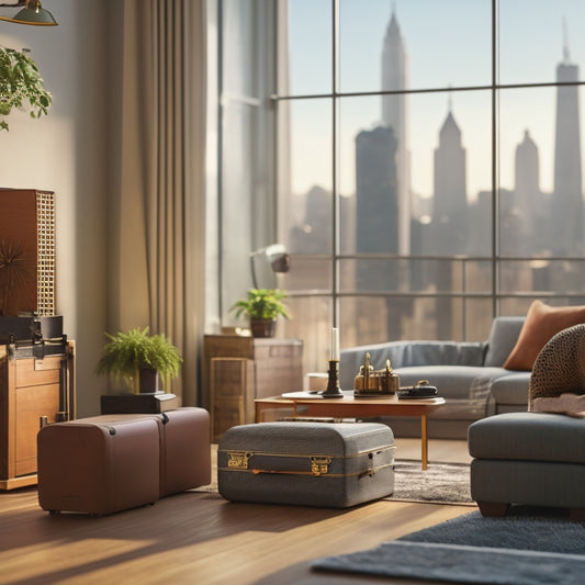 A calm, organized living room with a few boxes and a small, opened suitcase, surrounded by a subtle background of a cityscape, conveying a sense of a smooth transition.