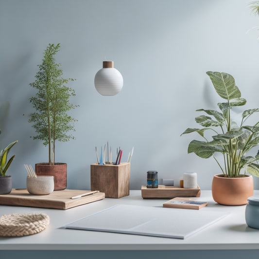 A serene, minimalist workspace with a wooden desk, a few artfully arranged craft supplies, and a single, blooming potted plant, set against a soft, calming blue background.
