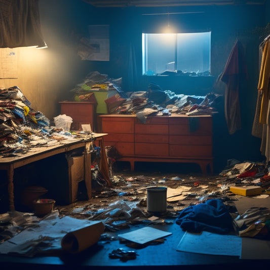 A cluttered, dimly lit room with piles of clothes, papers, and trash reaching the ceiling, surrounded by broken furniture and dusty trinkets, with a faint silhouette of a person overwhelmed in the background.
