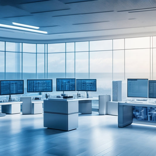 A futuristic, sleek, and modern virtual learning environment with a large screen displaying a blueprint of a building, surrounded by laptops, tablets, and virtual reality headsets, amidst a subtle grid background.