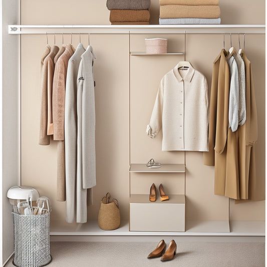 A minimalist, neutral-colored closet with a few, carefully selected garments on a rack, accompanied by a simple, grid-paper style cheat sheet pinned to the wall, featuring small, colorful icons representing different outfit combinations.