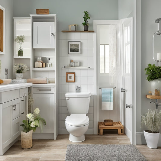 A clutter-free small bathroom with a wall-mounted cabinet, a pedestal sink with a slide-out drawer, a toilet with a built-in storage tank, and a shower caddy with hanging baskets.