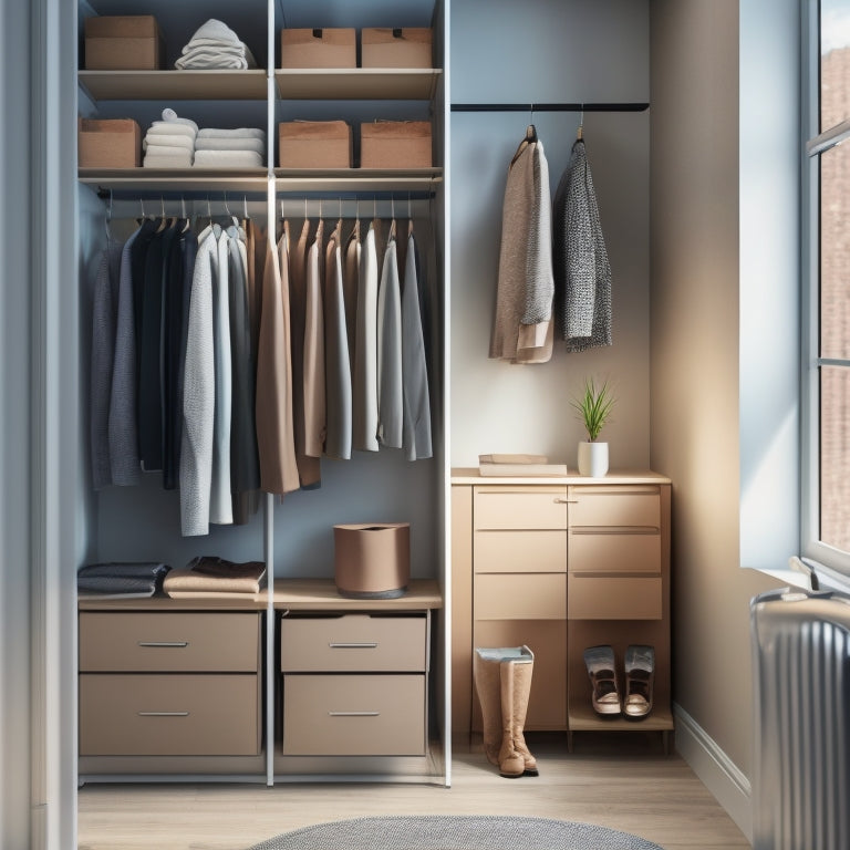 A tidy, minimalist closet in a small apartment, with a few garments hung on a double rod, shoes lined up on a shelf, and a few storage bins stacked on a shelf above, with a subtle cityscape outside the window.