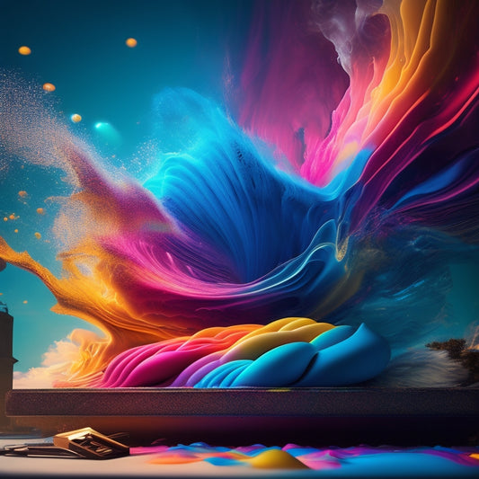 A vibrant, abstract composition featuring swirling shapes and colors, with bursts of light and creative elements like paintbrushes, cameras, and musical notes, surrounded by subtle digital glitch effects.