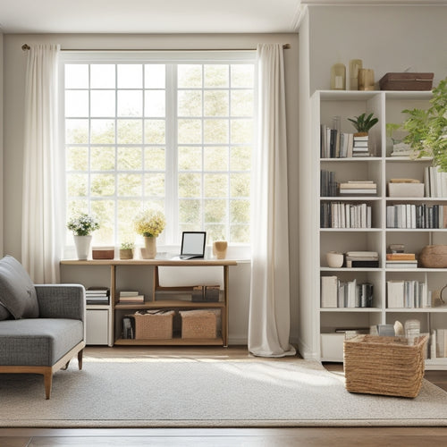 A serene, clutter-free living room with a few, carefully placed storage bins, a minimalist desk, and a few, neatly arranged books on a shelf, with a subtle, natural light background.