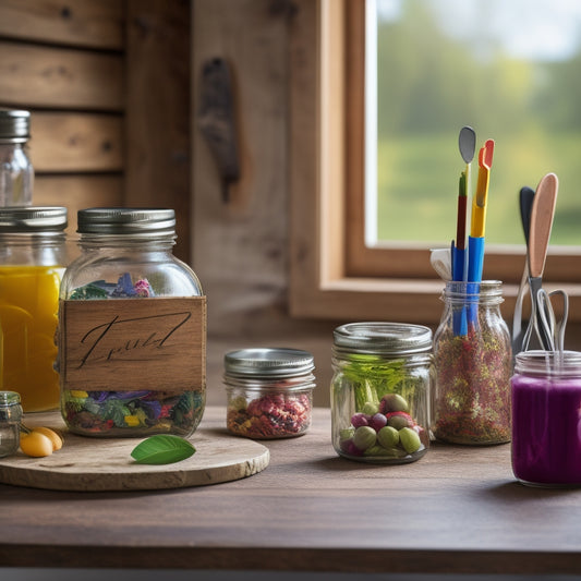 A rustic wooden table holds a mason jar with a blank label, surrounded by colorful pens, scissors, and a few already-labeled jars in the background, with a blurred kitchen countertop.