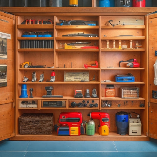 A clutter-free workshop with a wooden cabinet featuring precisely arranged, labeled compartments and dividers, storing various cordless power tools, batteries, and chargers in a compact, space-saving design.