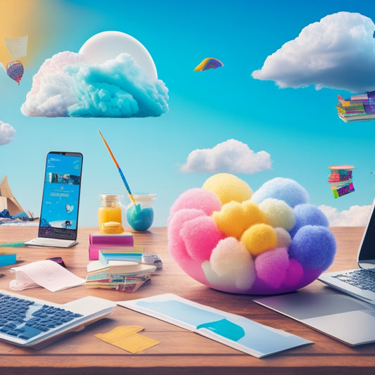 A split-screen illustration featuring a serene, white cloud on one side, surrounded by tiny, colorful charity icons, and a crowded, messy desk with scattered papers and laptops on the other.