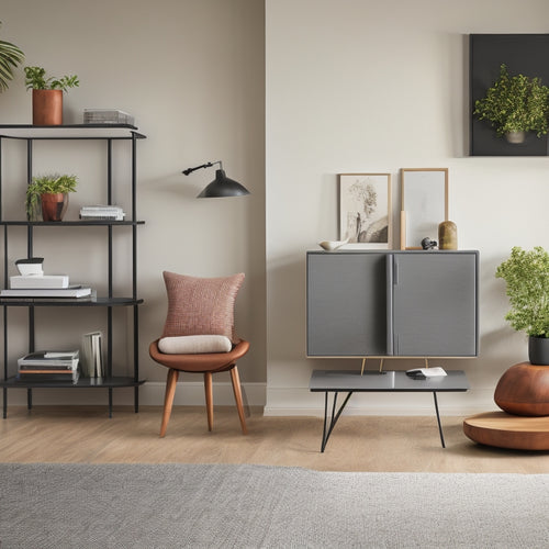 A minimalist living room with a sleek, wall-mounted shelf system, a storage ottoman, and a hidden desk with a retractable keyboard tray, surrounded by a few, carefully placed decorative objects.