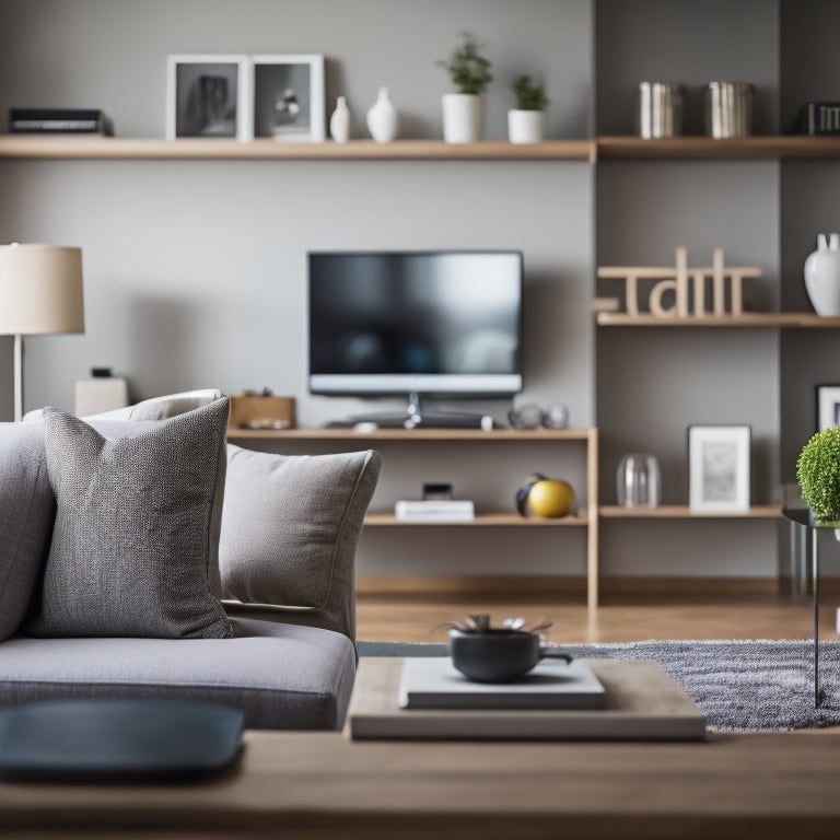 A tidy, modern living room with a few scattered household items, a tablet displaying a home organization app on the coffee table, surrounded by organized shelves and a minimalist background.