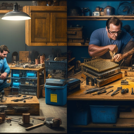 A split-screen image featuring a person in a DIY workshop surrounded by tools and electronics, on one side, and a neatly organized ASUS Self-Solution Kit with various components and manuals on the other.