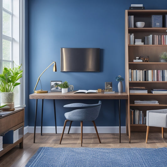 A tidy, modern home office with a sleek wooden desk, a comfortable chair, and a minimalist bookshelf in the background, featuring a colorful, 3-ring binder with labeled tabs and a few neatly arranged papers.