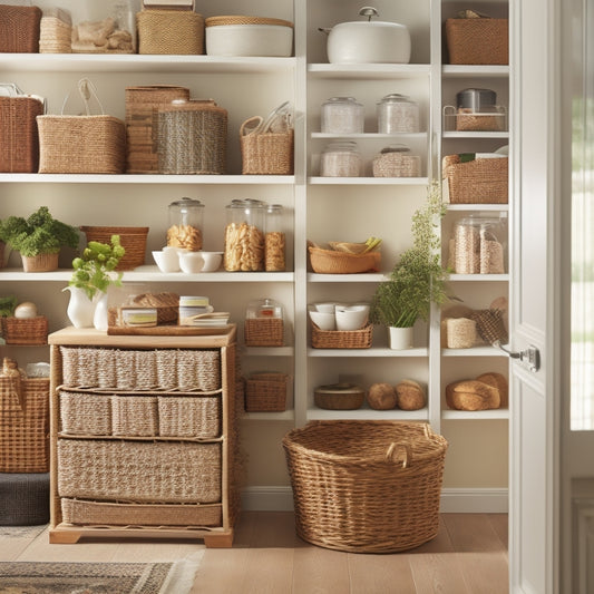 A tidy pantry with adjustable shelving, wicker baskets, and clear storage bins, surrounded by a calm and organized kitchen with a few cookbooks and a vase with fresh flowers on the counter.