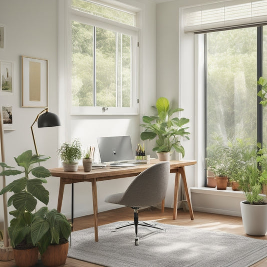 A serene home office with a minimalist desk, a single ergonomic chair, and a few potted plants, surrounded by creamy white walls and natural light pouring in through a large window.