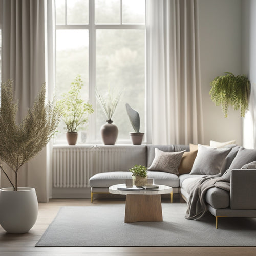 A serene, minimalist living room with a few, carefully chosen decorative items on a sleek, low-profile shelf, surrounded by ample negative space and soft, natural light filtering through a large window.