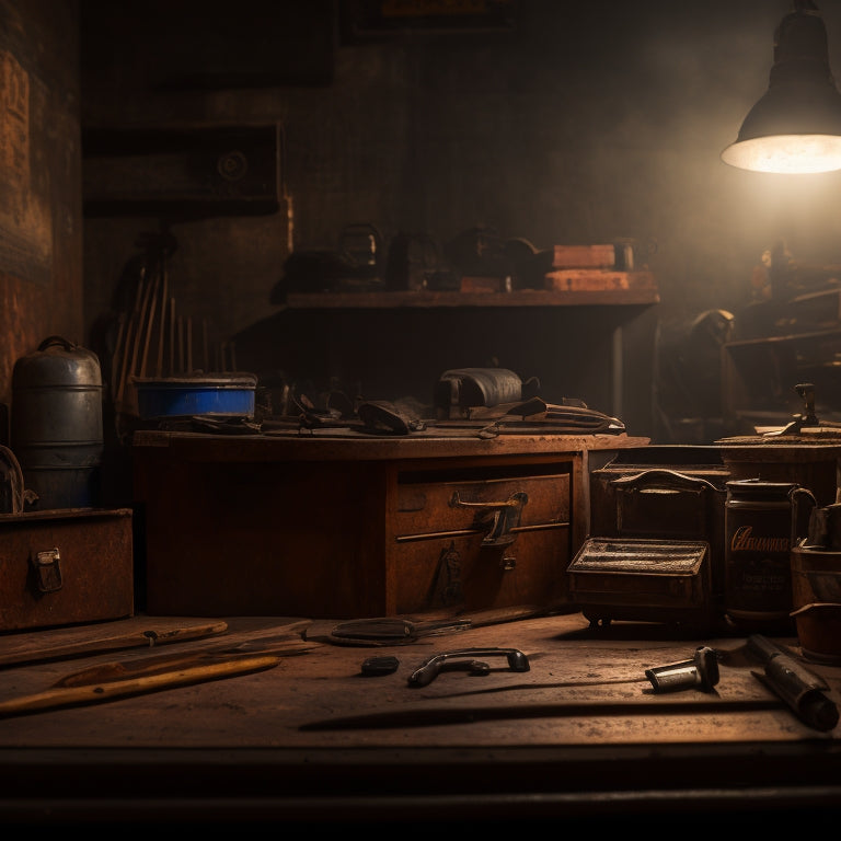 A dimly lit workshop with a worn wooden workbench, scattered tools, and a few opened manuals in the background, featuring a prominent Aurora Pumps logo on a rusty metal toolbox in the foreground.