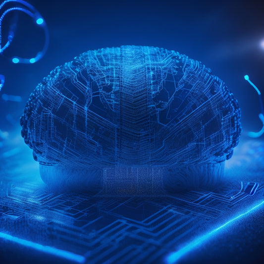 A futuristic, glowing blue brain surrounded by intricate, swirling patterns of circuit boards, with glowing orange nodes and pulsing silver wires, set against a dark, starry background.