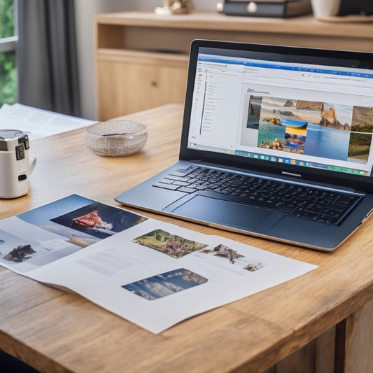 A split-screen image featuring a laptop with Google Drive open on the screen, alongside a printer with papers flying out, surrounded by organized files and folders in the background.