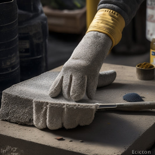 A worn, gloved hand holds a brush, surrounded by concrete splatters, with a faint outline of a construction site in the background, and a subtle hint of Cem-Gon's product packaging nearby.