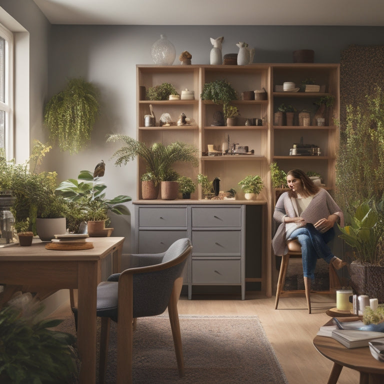 A serene, well-lit home interior with ergonomic storage units, soft-close drawers, and adjustable shelving, featuring a person in the background, comfortably seated with minimal strain, surrounded by calming plants.
