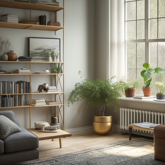 A serene, minimalist living room with a few, carefully-placed decorative items, a tidy bookshelf, and a laptop on a clutter-free desk, surrounded by calm, natural lighting.