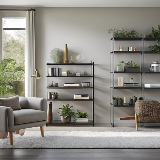 A minimalist, modern living room with a sleek, wall-mounted fold-down desk, a storage ottoman, and a multi-tiered shelving unit holding books, plants, and decorative objects.