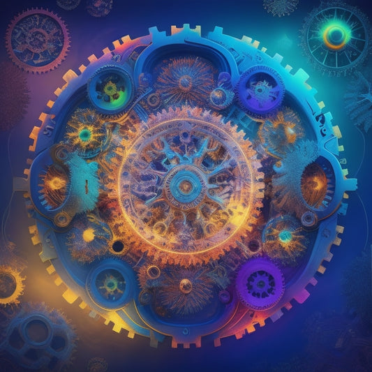 A stylized mind map with glowing, curved lines and vibrant colors, radiating from a central hub, surrounded by gears, cogs, and puzzle pieces, with a subtle glow effect in the background.