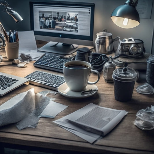 A cluttered desk with a laptop, surrounded by tangled cords, crumpled papers, and empty coffee cups, with a subtle shadow of a person's hands hovering over the keyboard, frozen in hesitation.