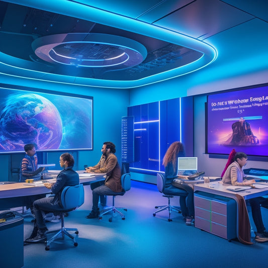A futuristic, sleek classroom with holographic screens, virtual reality headsets, and interactive whiteboards, surrounded by diverse students engaged in immersive learning experiences, with subtle neon lights and wires.