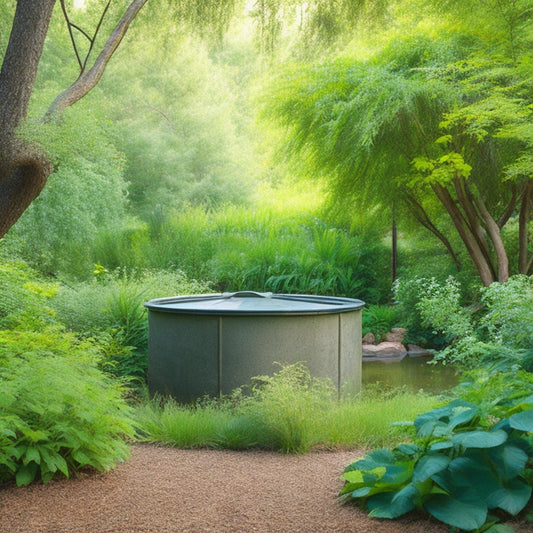 A serene backyard scene featuring a partially buried concrete rainwater tank with lush greenery and vines climbing up its sides, surrounded by a thriving garden and a small pond in the background.