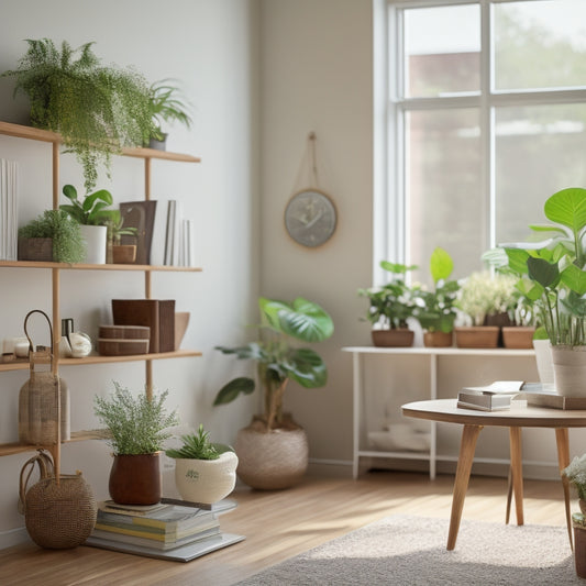 A serene, minimalist living room with a few, carefully selected decorative items, a tidy bookshelf, and a small, clutter-free desk, surrounded by calm, natural light and a few potted plants.