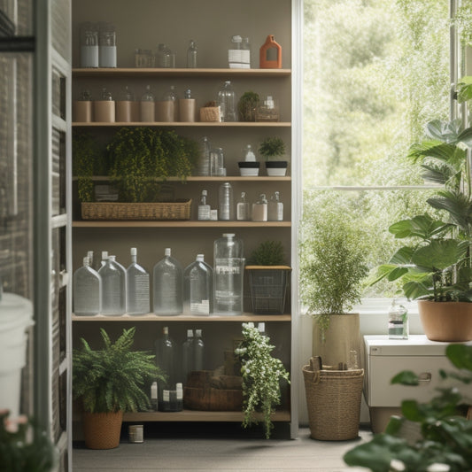 A serene, well-organized storage room with shelved water bottles, a first aid kit, and a water filtration system, surrounded by calming greenery and soft, natural light.