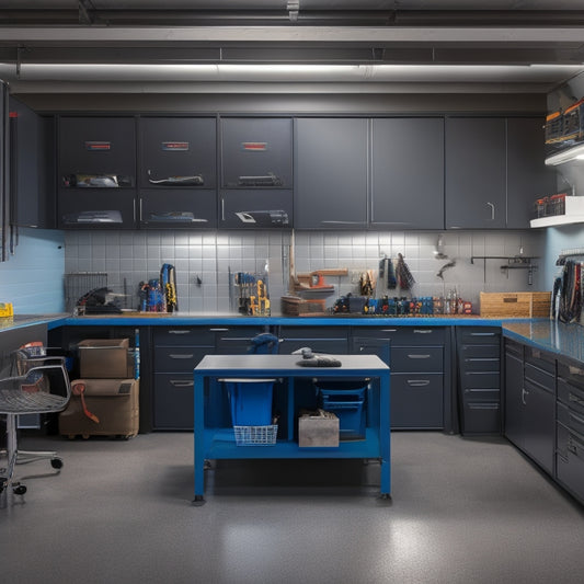 A well-lit, modern garage with sleek metal cabinets, labeled bins, and a pegboard adorned with neatly hung tools, a workbench with a laptop and a tablet, surrounded by a tidy floor.