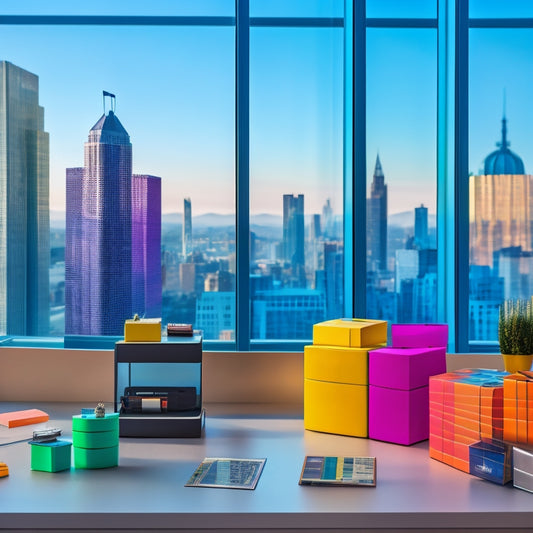 An image of a modern, sleek office with a sprawling cityscape outside the window, featuring a colorful array of stackable 3D-printed boxes in various sizes, interconnected and labeled with color-coded tags.