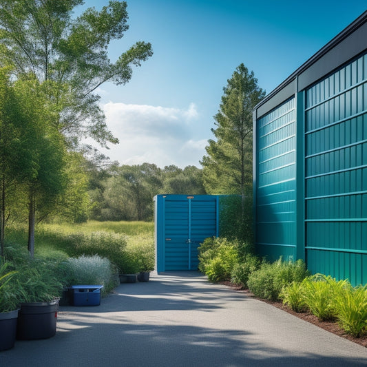 A modern, well-lit storage facility with sleek metal shelves, colorful bins, and various storage units of different sizes, surrounded by lush greenery and a bright blue sky.