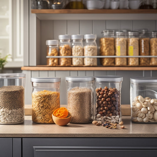 A tidy kitchen countertop with a few Ziplock bags of various sizes, each containing a different kitchen item (e.g., spices, utensils, snacks), neatly labeled and stacked vertically in a compact storage container.
