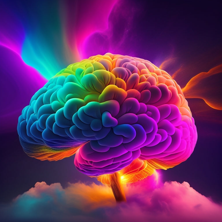 A vibrant, glowing brain surrounded by swirling clouds of colorful, curved lines and shapes, with flashes of light radiating outward, symbolizing creative connections and idea explosions.